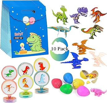 shinyrize 10 Pack Dinosaur Party Favors with Gift Bags for Birthday Goodie Bags, Boy and Girl Party Favor Bulk Set